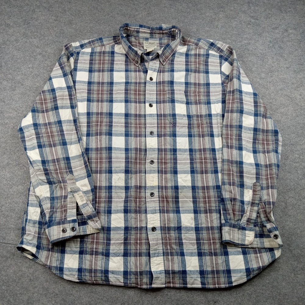 LL Bean Mens 2XL Blue Plaid Flannel Button Front Long Sleeve Casual Shirt 228061